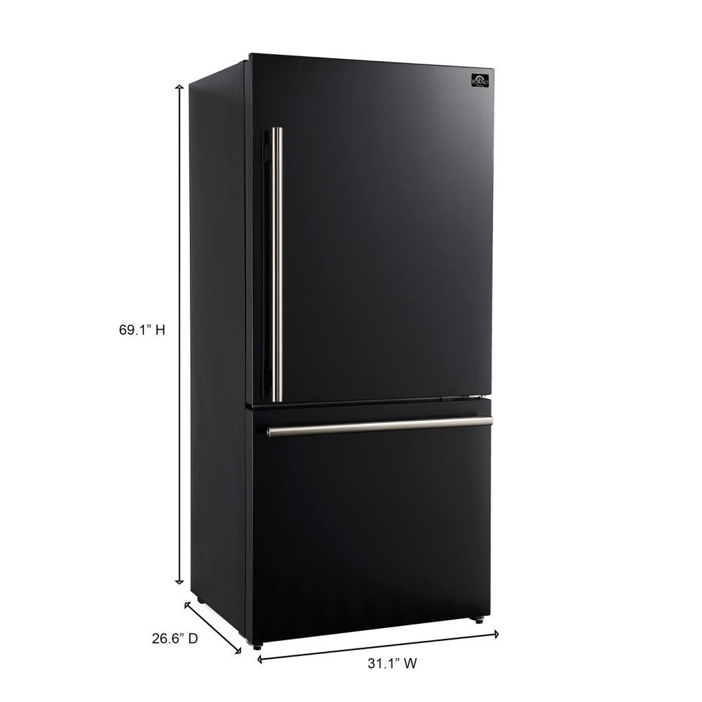 FORNO 31″ Milano Espresso Bottom Freezer Right Swing Door Refrigerator in Black, 17.2 cu. ft. Additionnal Antique Brass Handles Included