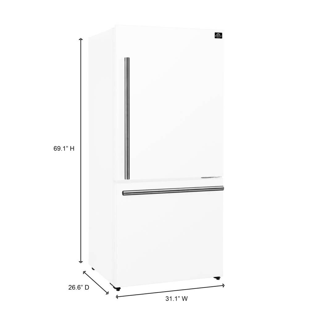 FORNO 31″ Milano Espresso Bottom Freezer Right Swing Door Refrigerator in White, 17.2 cu. ft. Additionnal Antique Brass Handles Included