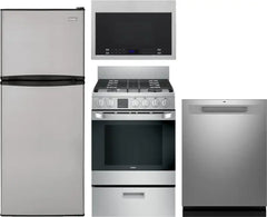 4 Piece Kitchen Appliances Package with Top Freezer Refrigerator, Over the Range Microwave, Gas Range and Dishwasher in Stainless Steel