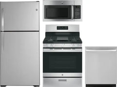 4 Piece Kitchen Appliances Package with Top Freezer Refrigerator, Gas Range, Dishwasher and Over the Range Microwave in Stainless Steel