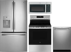 4 Piece Kitchen Appliances Package with French Door Refrigerator, Electric Range, Dishwasher and Over the Range Microwave in Stainless Steel