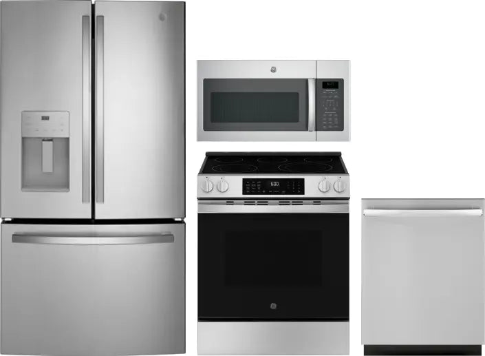 4 Piece Kitchen Appliances Package with French Door Refrigerator, Electric Range, Dishwasher and Over the Range Microwave in Stainless Steel