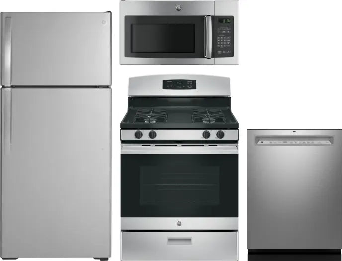 4 Piece Kitchen Appliances Package with Top Freezer Refrigerator, Gas Range, Dishwasher and Over the Range Microwave in Stainless Steel