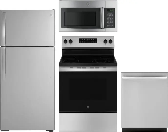 4 Piece Kitchen Appliances Package with Top Freezer Refrigerator, Electric Range, Dishwasher and Over the Range Microwave in Stainless Steel