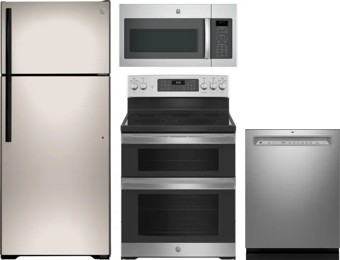 4 Piece Kitchen Appliances Package with Top Freezer Refrigerator, Electric Range, Dishwasher and Over the Range Microwave in Silver