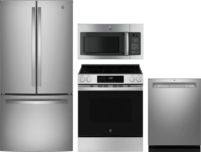4 Piece Kitchen Appliances Package with French Door Refrigerator, Electric Range, Dishwasher and Over the Range Microwave in Stainless Steel