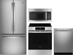 4 Piece Kitchen Appliances Package with French Door Refrigerator, Electric Range, Dishwasher and Over the Range Microwave in Stainless Steel