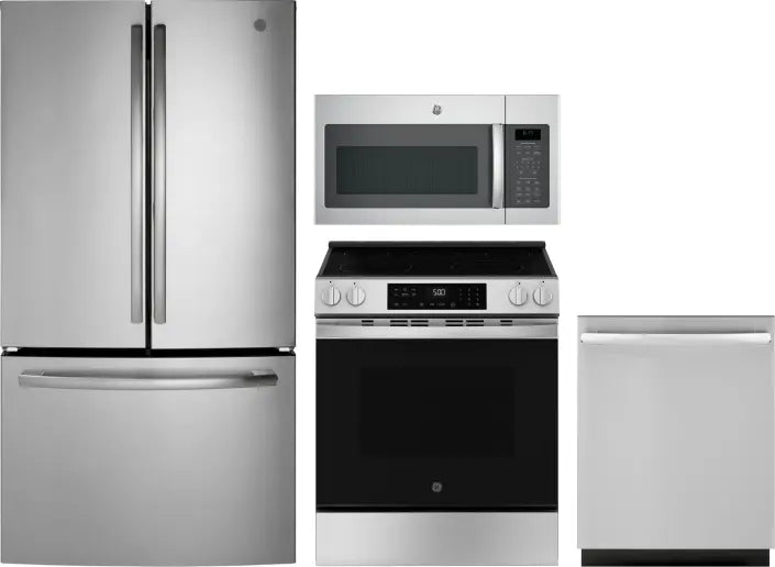 4 Piece Kitchen Appliances Package with French Door Refrigerator, Electric Range, Dishwasher and Over the Range Microwave in Stainless Steel