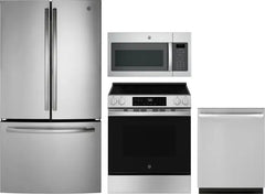 4 Piece Kitchen Appliances Package with French Door Refrigerator, Electric Range, Dishwasher and Over the Range Microwave in Stainless Steel