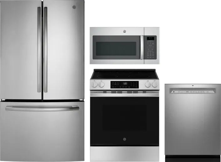4 Piece Kitchen Appliances Package with French Door Refrigerator, Electric Range, Dishwasher and Over the Range Microwave in Stainless Steel