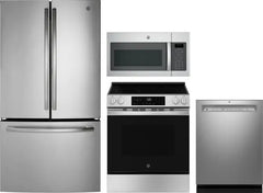 4 Piece Kitchen Appliances Package with French Door Refrigerator, Electric Range, Dishwasher and Over the Range Microwave in Stainless Steel
