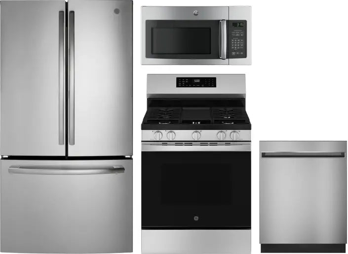 4 Piece Kitchen Appliances Package with French Door Refrigerator, Gas Range, Dishwasher and Over the Range Microwave in Stainless Steel
