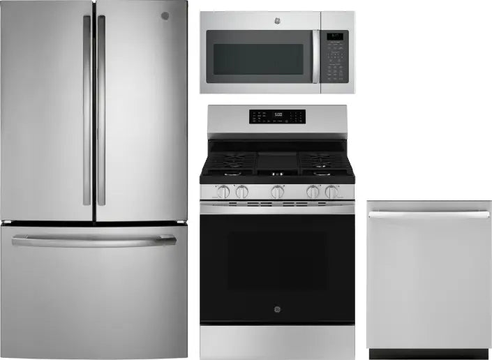 4 Piece Kitchen Appliances Package with French Door Refrigerator, Gas Range, Dishwasher and Over the Range Microwave in Stainless Steel