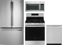 4 Piece Kitchen Appliances Package with French Door Refrigerator, Gas Range, Dishwasher and Over the Range Microwave in Stainless Steel