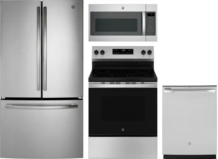 4 Piece Kitchen Appliances Package with French Door Refrigerator, Electric Range, Dishwasher and Over the Range Microwave in Stainless Steel