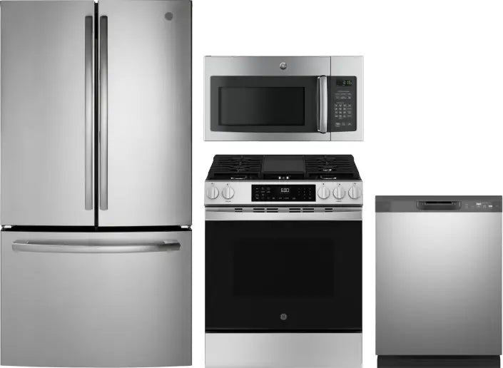 4 Piece Kitchen Appliances Package with French Door Refrigerator, Gas Range, Dishwasher and Over the Range Microwave in Stainless Steel
