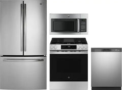 4 Piece Kitchen Appliances Package with French Door Refrigerator, Gas Range, Dishwasher and Over the Range Microwave in Stainless Steel