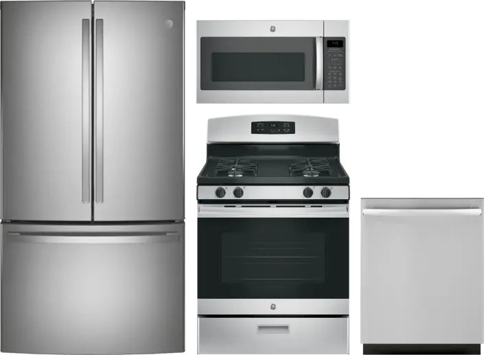 4 Piece Kitchen Appliances Package with French Door Refrigerator, Gas Range, Dishwasher and Over the Range Microwave in Stainless Steel