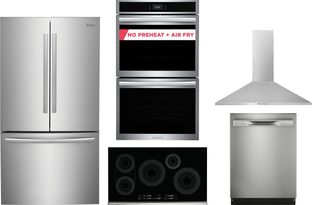 Frigidaire Gallery 5-Piece Kitchen Appliance Package – Counter Depth French Door Refrigerator, Induction Cooktop, Double Electric Wall Oven, Fully Integrated Dishwasher & Wall Mount Chimney Range Hood in Stainless Steel
