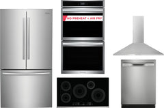 Frigidaire Gallery 5-Piece Kitchen Appliance Package – Counter Depth French Door Refrigerator, Induction Cooktop, Double Electric Wall Oven, Fully Integrated Dishwasher & Wall Mount Chimney Range Hood in Stainless Steel