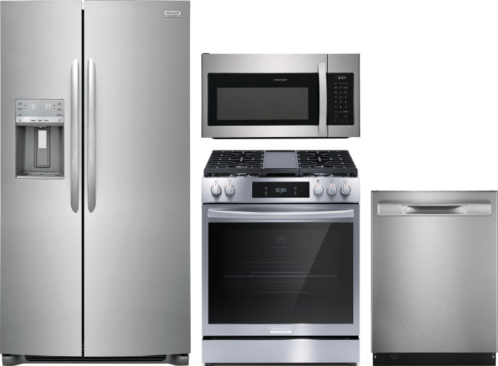 Frigidaire Gallery 4-Piece Kitchen Appliance Package – Freestanding Side-by-Side Refrigerator, Freestanding Gas Range, Fully Integrated Dishwasher & Over-the-Range Microwave in Stainless Steel