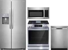 Frigidaire Gallery 4-Piece Kitchen Appliance Package – Freestanding Side-by-Side Refrigerator, Freestanding Gas Range, Fully Integrated Dishwasher & Over-the-Range Microwave in Stainless Steel