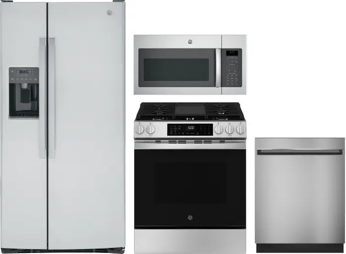 4 Piece Kitchen Appliances Package with Side-by-Side Refrigerator, Gas Range, Dishwasher and Over the Range Microwave in Stainless Steel