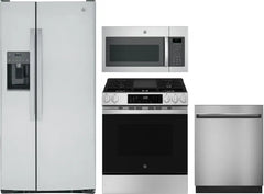 4 Piece Kitchen Appliances Package with Side-by-Side Refrigerator, Gas Range, Dishwasher and Over the Range Microwave in Stainless Steel