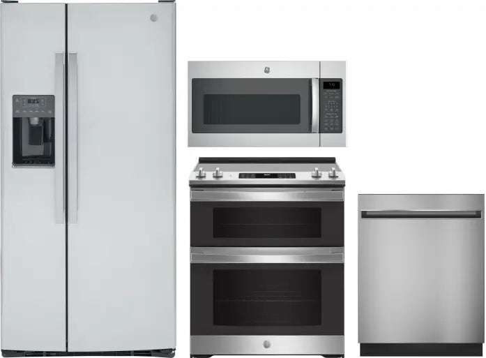 4 Piece Kitchen Appliances Package with Side-by-Side Refrigerator, Electric Range, Dishwasher and Over the Range Microwave in Stainless Steel