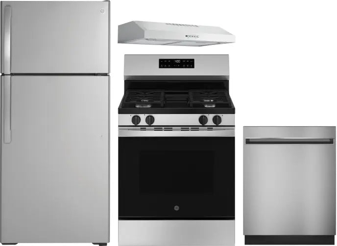 4 Piece Kitchen Appliances Package with Top Freezer Refrigerator, Gas Range and Dishwasher in Stainless Steel
