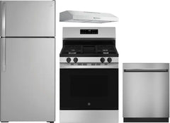 4 Piece Kitchen Appliances Package with Top Freezer Refrigerator, Gas Range and Dishwasher in Stainless Steel