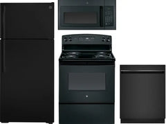 4 Piece Kitchen Appliances Package with Top Freezer Refrigerator, Electric Range, Dishwasher and Over the Range Microwave in Black