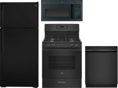 4 Piece Kitchen Appliances Package with Top Freezer Refrigerator, Gas Range, Dishwasher and Over the Range Microwave in Black