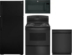 4 Piece Kitchen Appliances Package with Top Freezer Refrigerator, Electric Range, Dishwasher and Over the Range Microwave in Black