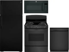 4 Piece Kitchen Appliances Package with Top Freezer Refrigerator, Electric Range, Dishwasher and Over the Range Microwave in Black