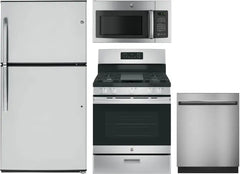 4 Piece Kitchen Appliances Package with Top Freezer Refrigerator, Gas Range, Dishwasher and Over the Range Microwave in Stainless Steel