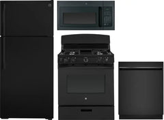 4 Piece Kitchen Appliances Package with Top Freezer Refrigerator, Gas Range, Dishwasher and Over the Range Microwave in Black