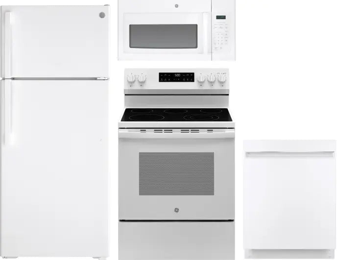 4 Piece Kitchen Appliances Package with Top Freezer Refrigerator, Electric Range, Dishwasher and Over the Range Microwave in White