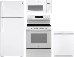 4 Piece Kitchen Appliances Package with Top Freezer Refrigerator, Electric Range, Dishwasher and Over the Range Microwave in White