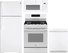 4 Piece Kitchen Appliances Package with Top Freezer Refrigerator, Gas Range, Dishwasher and Over the Range Microwave in White