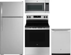 4 Piece Kitchen Appliances Package with Top Freezer Refrigerator, Electric Range, Over the Range Microwave and Dishwasher in Stainless Steel