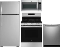 4 Piece Kitchen Appliances Package with Top Freezer Refrigerator, Gas Range, Dishwasher and Over the Range Microwave in Stainless Steel
