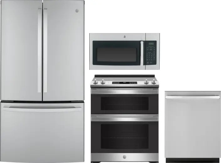 4 Piece Kitchen Appliances Package with French Door Refrigerator, Electric Range, Dishwasher and Over the Range Microwave in Stainless Steel