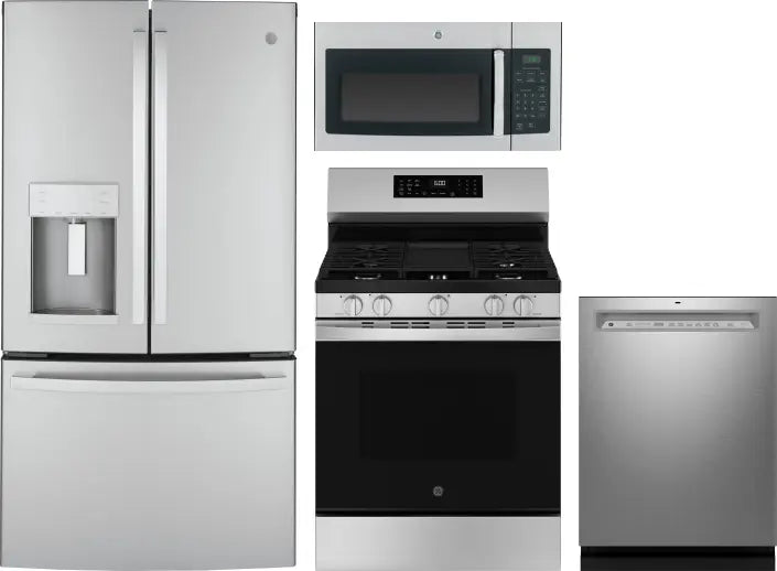 4 Piece Kitchen Appliances Package with French Door Refrigerator, Gas Range, Dishwasher and Over the Range Microwave in Stainless Steel