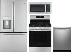 4 Piece Kitchen Appliances Package with French Door Refrigerator, Gas Range, Dishwasher and Over the Range Microwave in Stainless Steel