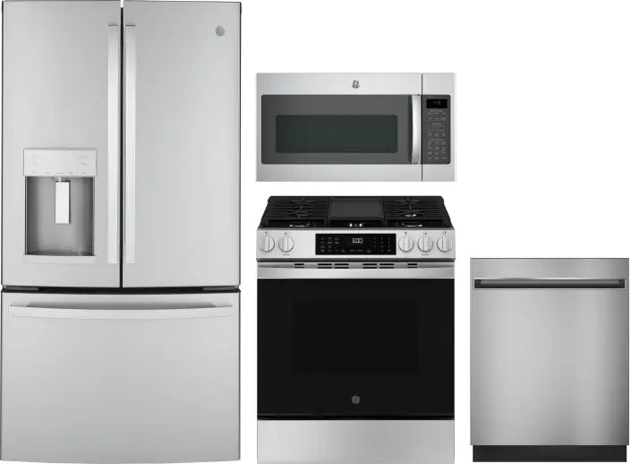 4 Piece Kitchen Appliances Package with French Door Refrigerator, Gas Range, Dishwasher and Over the Range Microwave in Stainless Steel