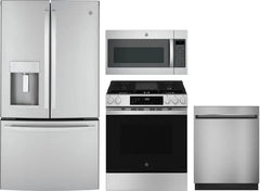 4 Piece Kitchen Appliances Package with French Door Refrigerator, Gas Range, Dishwasher and Over the Range Microwave in Stainless Steel
