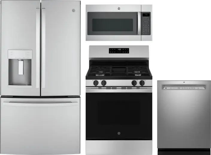 4 Piece Kitchen Appliances Package with French Door Refrigerator, Gas Range, Dishwasher and Over the Range Microwave in Stainless Steel