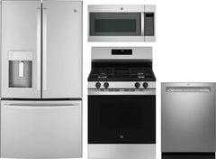 4 Piece Kitchen Appliances Package with French Door Refrigerator, Gas Range, Dishwasher and Over the Range Microwave in Stainless Steel