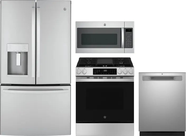 4 Piece Kitchen Appliances Package with French Door Refrigerator, Gas Range, Dishwasher and Over the Range Microwave in Stainless Steel